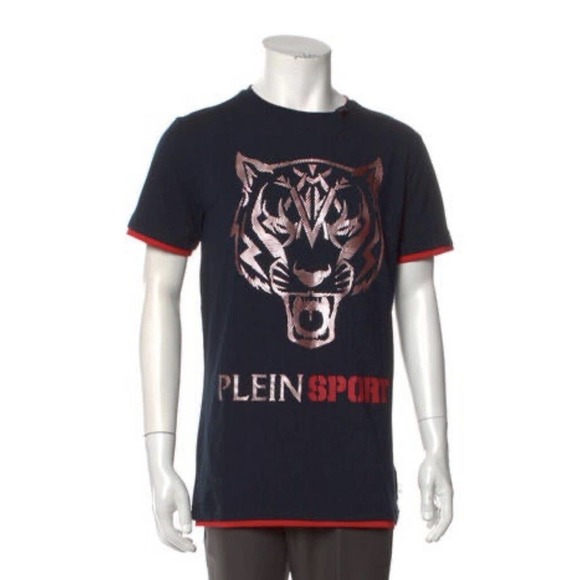 Philipp Plein Mens Sport‎ Tiger Logo Blue Red Fast Logo Tee T-Shirt Size L NWT - Picture 1 of 6